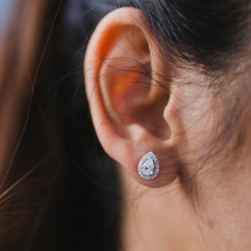 Sterling Silver Gold Vermeil CZ Halo Teardrop Studs (ST-1300) - ST-1300-G