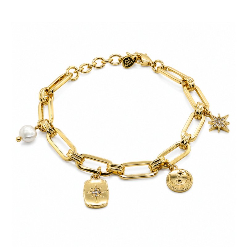 Premium Gold Plated CZ Freshwater Pearl Multi Charms Paperclip Bracelet (AJ-BR0010-G)
