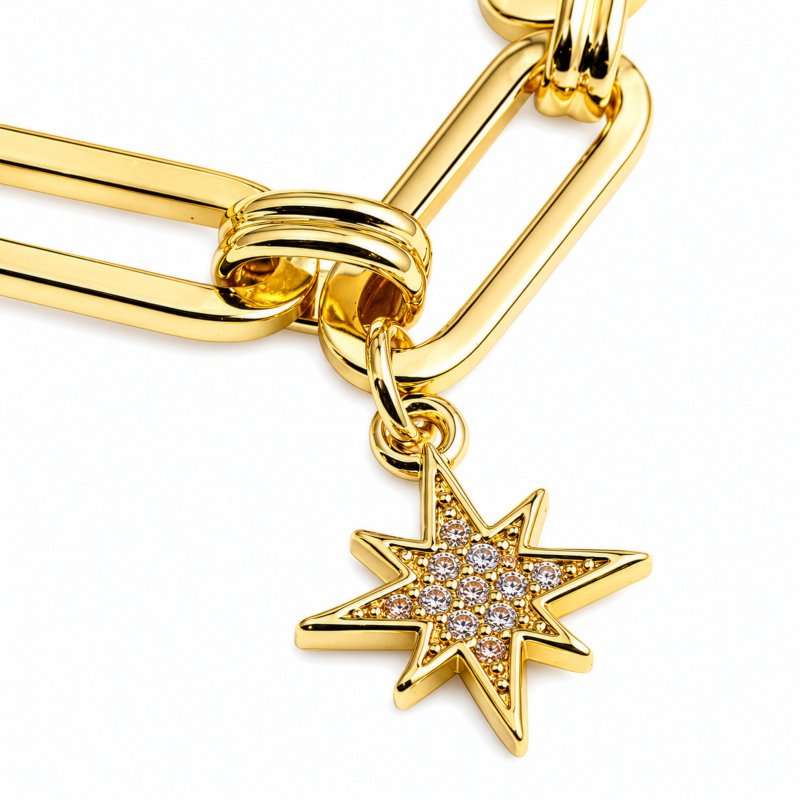 Premium Gold Plated CZ Freshwater Pearl Multi Charms Paperclip Bracelet (AJ-BR0010-G)