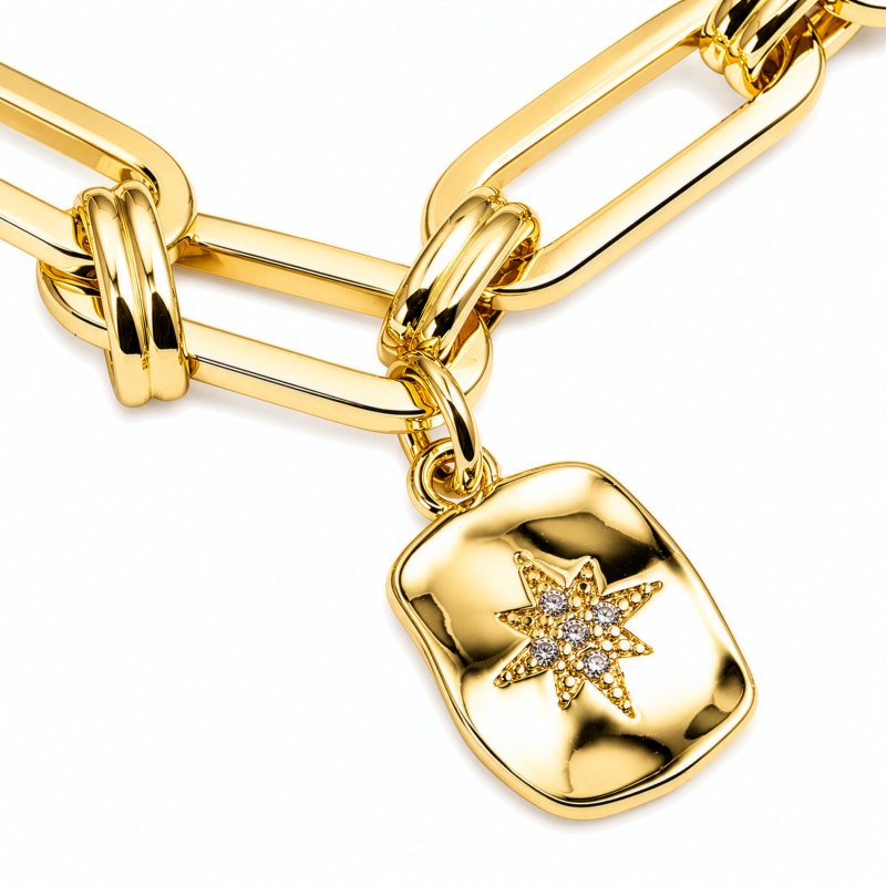 Premium Gold Plated CZ Freshwater Pearl Multi Charms Paperclip Bracelet (AJ-BR0010-G)