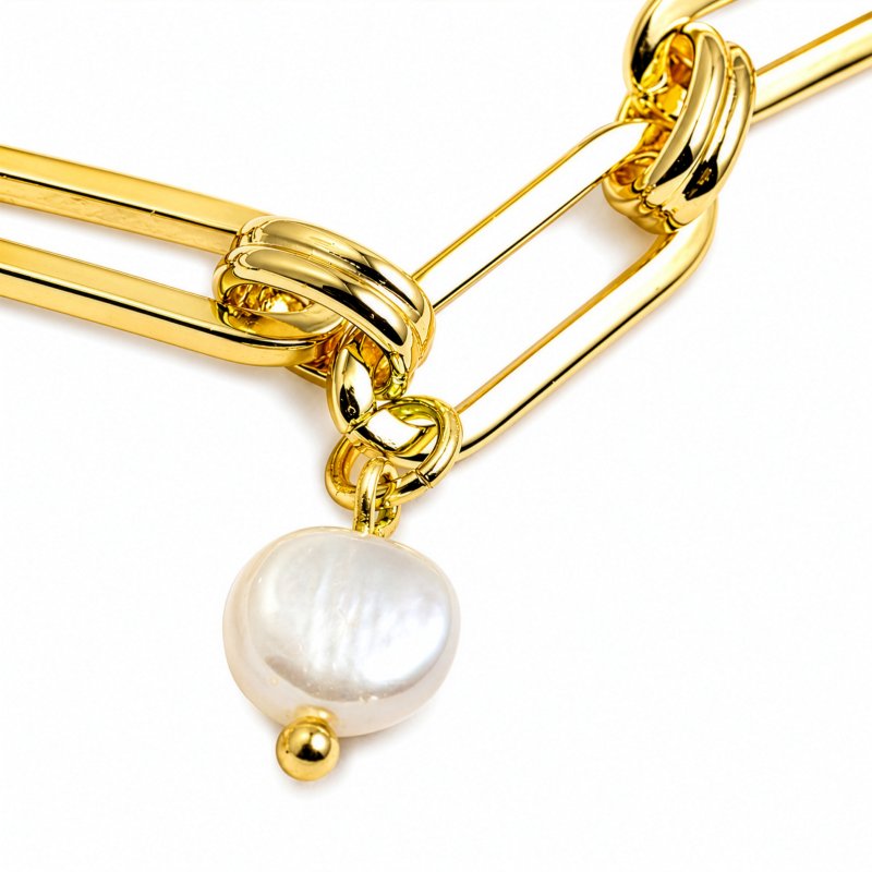 Premium Gold Plated CZ Freshwater Pearl Multi Charms Paperclip Bracelet (AJ-BR0010-G)