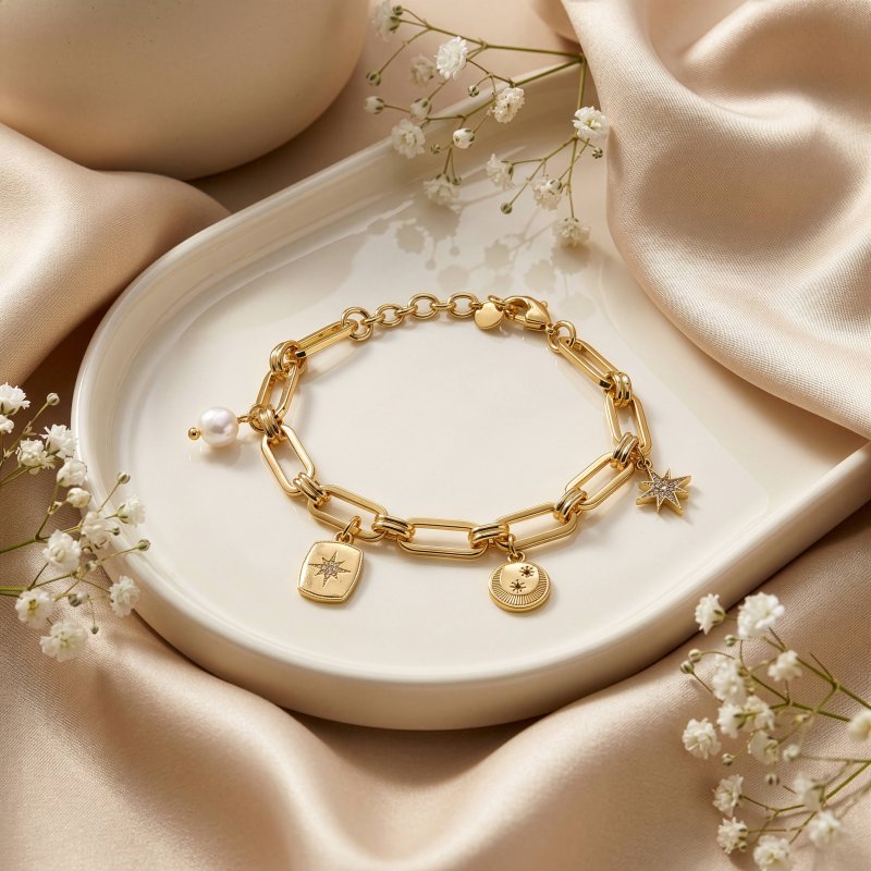 Premium Gold Plated CZ Freshwater Pearl Multi Charms Paperclip Bracelet (AJ-BR0010-G)