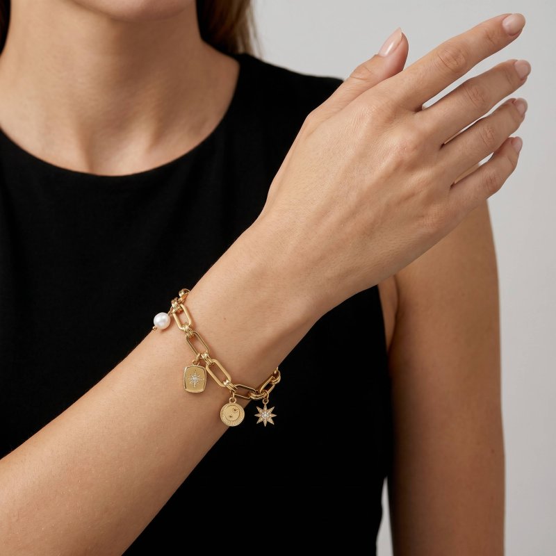 Premium Gold Plated CZ Freshwater Pearl Multi Charms Paperclip Bracelet (AJ-BR0010-G)