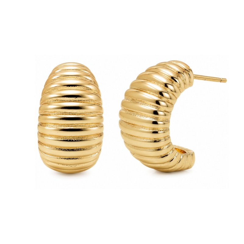 Premium Gold Plated Chunky Ribbed Dome Hoop Earrings (AJ-HP0012-G)