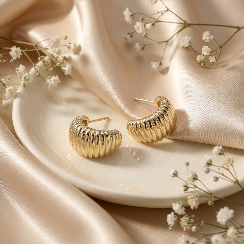 Premium Gold Plated Chunky Ribbed Dome Hoop Earrings (AJ-HP0012-G)