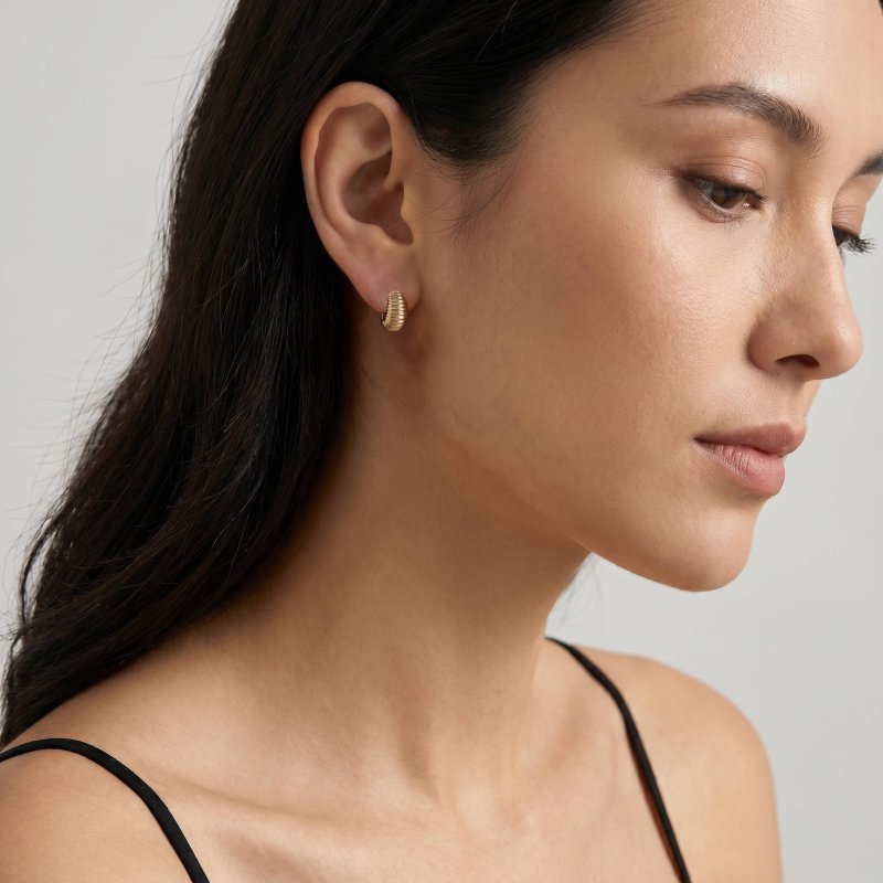 Premium Gold Plated Chunky Ribbed Dome Hoop Earrings (AJ-HP0012-G)