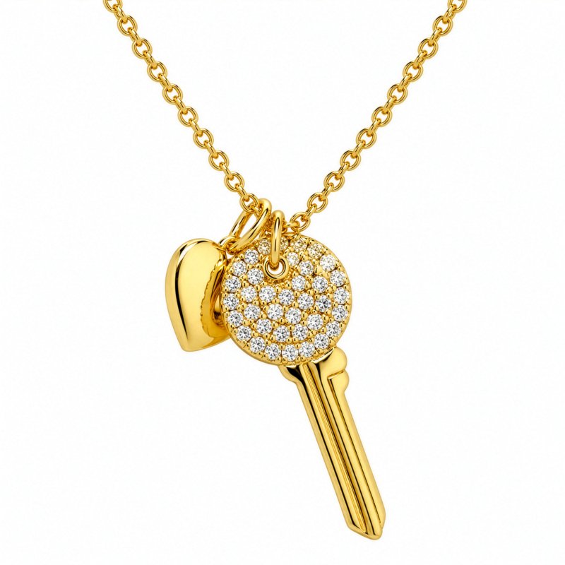 Premium Gold Plated CZ Pave Key & Heart Necklace (AJ-N0002-G)