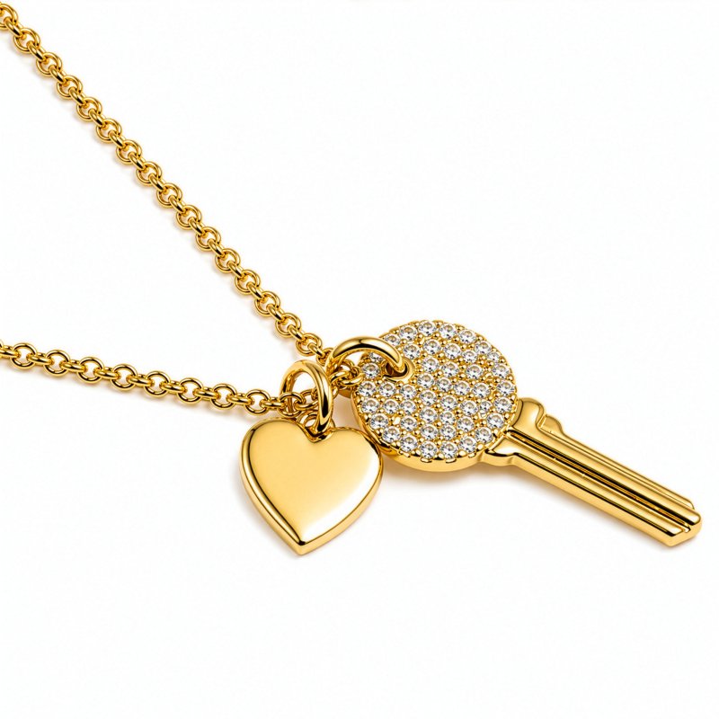 Premium Gold Plated CZ Pave Key & Heart Necklace (AJ-N0002-G)