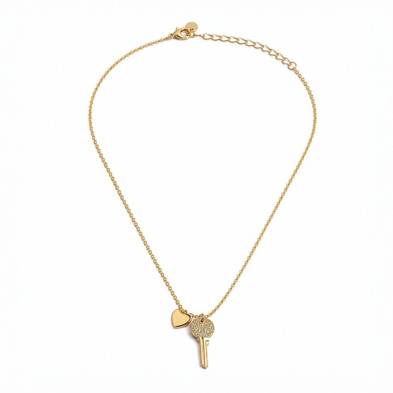 Premium Gold Plated CZ Pave Key & Heart Necklace (AJ-N0002-G)