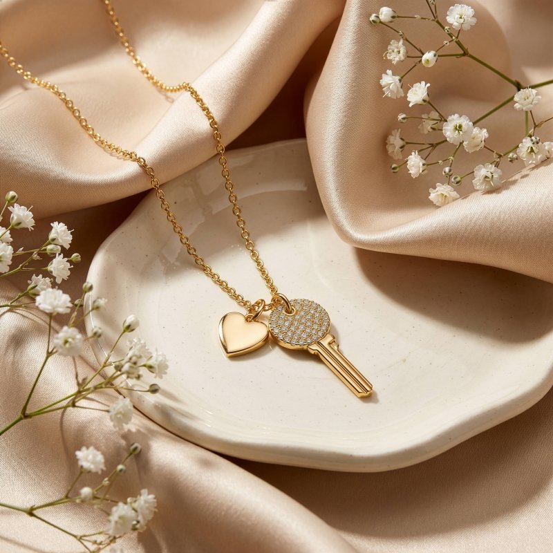 Premium Gold Plated CZ Pave Key & Heart Necklace (AJ-N0002-G)