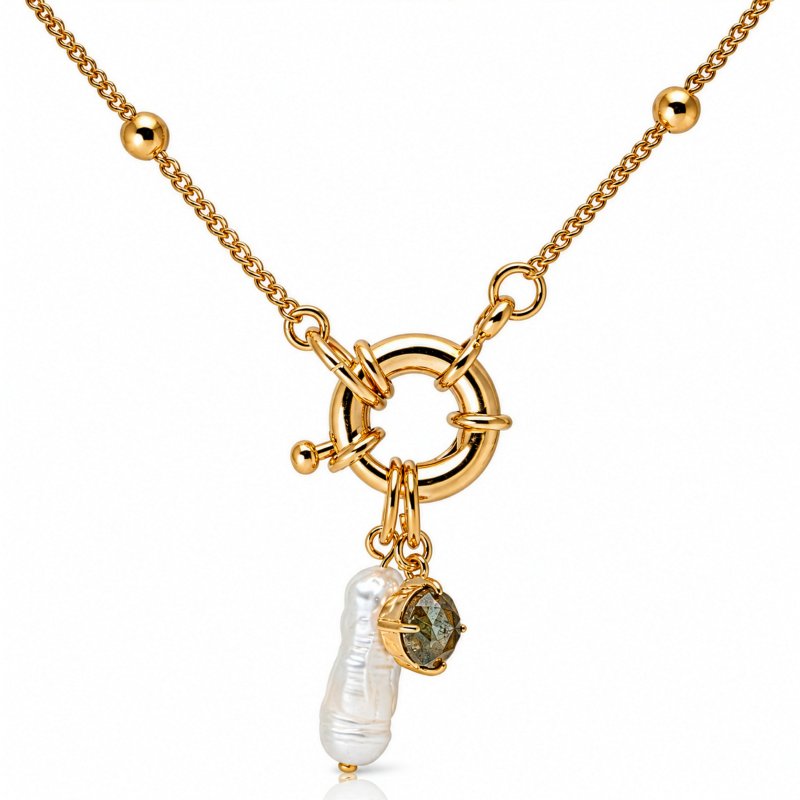Premium Gold Plated Baroque Freshwater Pearl & Labradorite Enhancer Necklace (AJ-N0008-G)