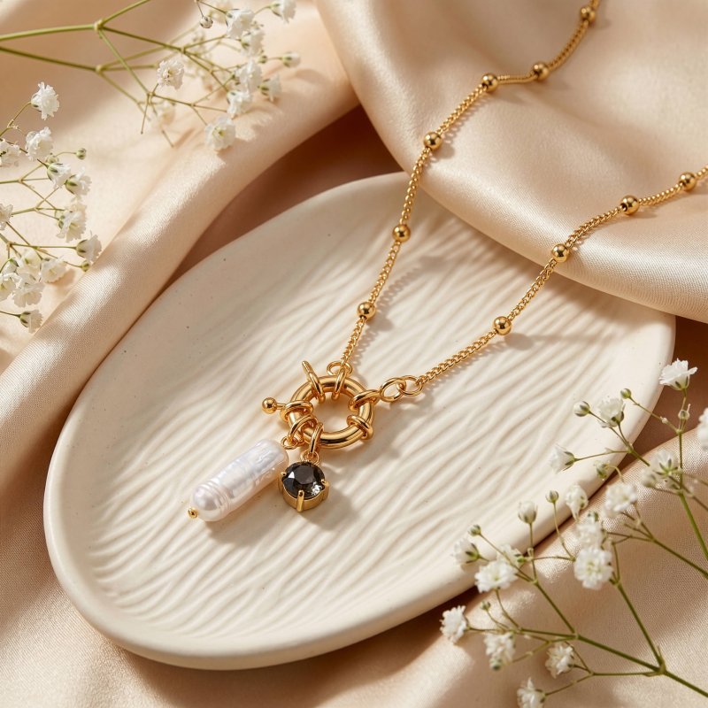 Premium Gold Plated Baroque Freshwater Pearl & Labradorite Enhancer Necklace (AJ-N0008-G)