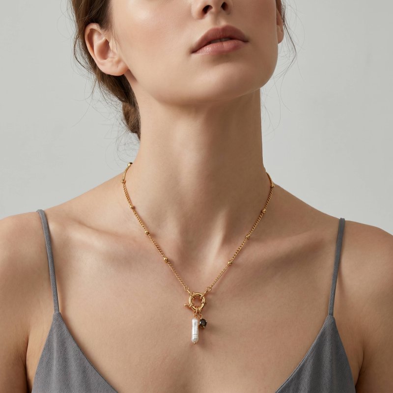 Premium Gold Plated Baroque Freshwater Pearl & Labradorite Enhancer Necklace (AJ-N0008-G)