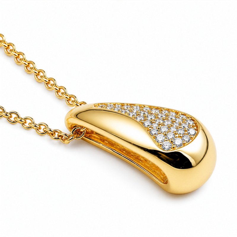Premium Gold Plated CZ Pave Teardrop Necklace (AJ-N0010-G)