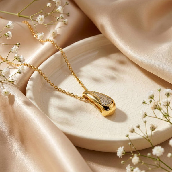 Premium Gold Plated CZ Pave Teardrop Necklace (AJ-N0010-G)