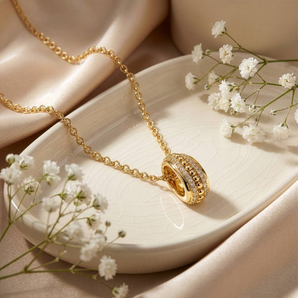 Premium Gold Plated CZ Pave Oval Ring Pendant Necklace (AJ-N0011-G)