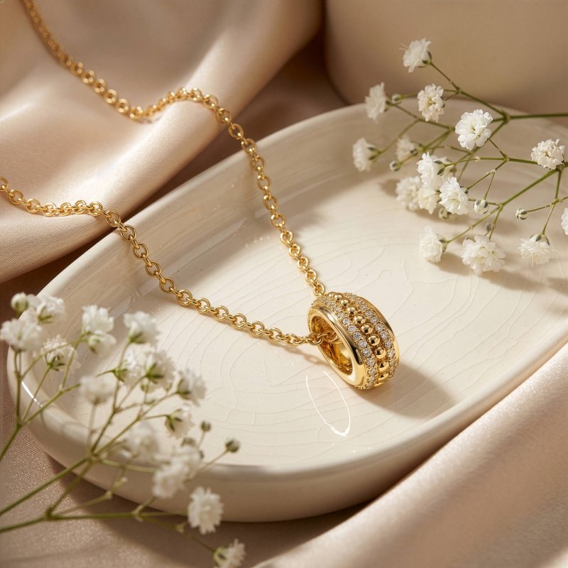 Premium Gold Plated CZ Pave Oval Ring Pendant Necklace (AJ-N0011-G)