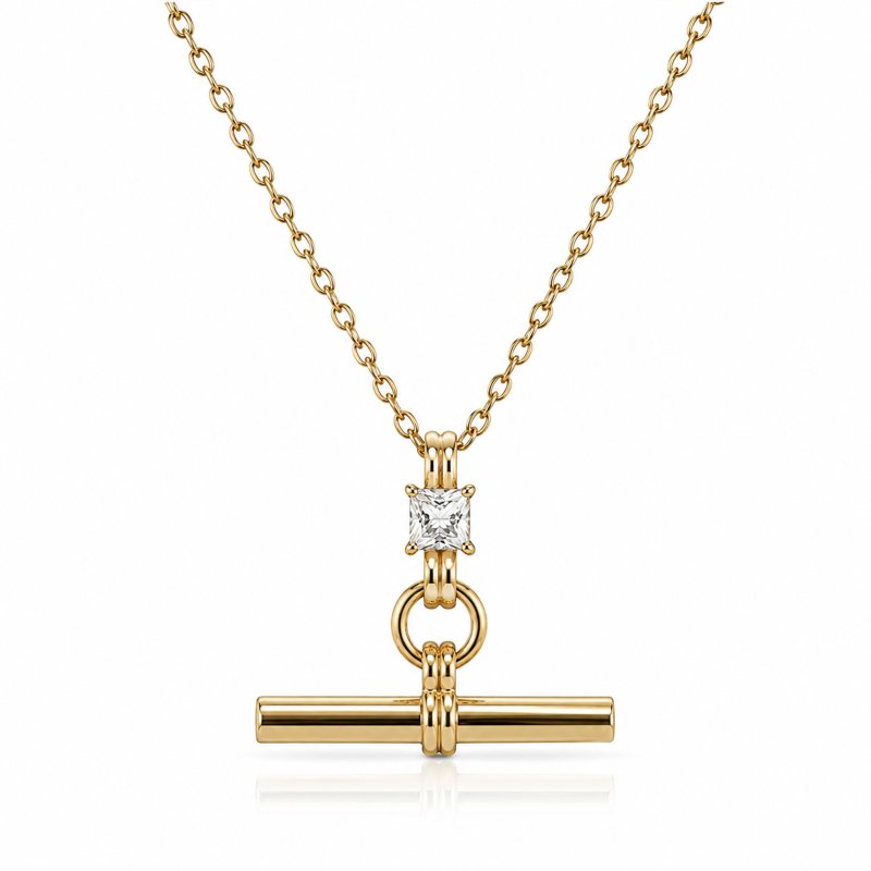 Premium Gold Plated CZ T-Bar Necklace (AJ-N0019-G)