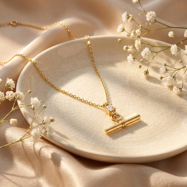 Premium Gold Plated CZ T-Bar Necklace (AJ-N0019-G)