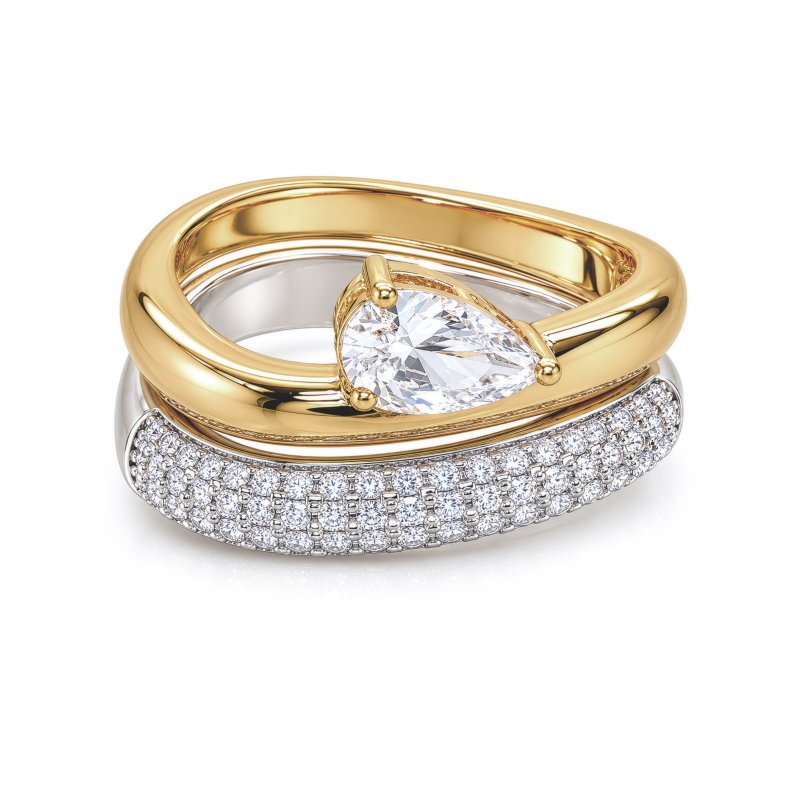 Premium Two Tone Pear Cut CZ Solitaire Ring & Matching Pave Band Ring (AJ-R0001-2T-5)