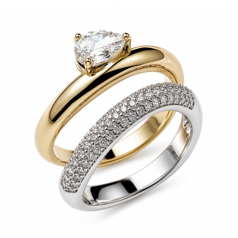 Premium Two Tone Pear Cut CZ Solitaire Ring & Matching Pave Band Ring (AJ-R0001-2T-5)