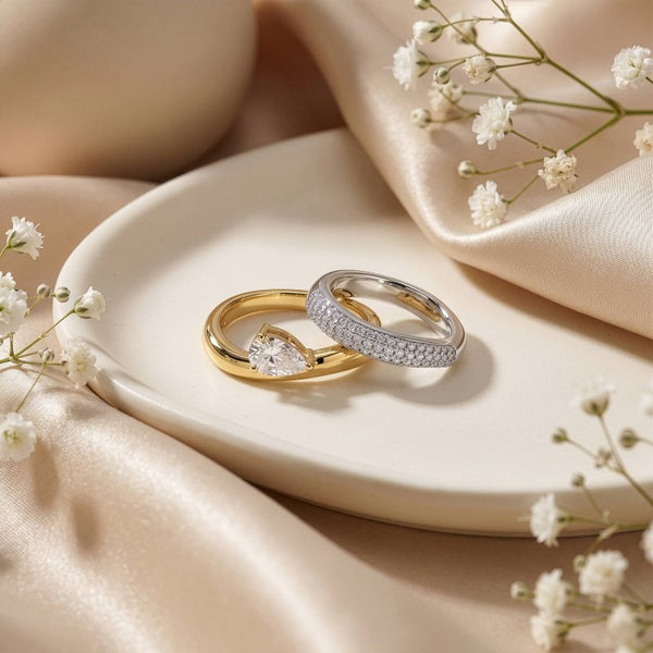 Premium Two Tone Pear Cut CZ Solitaire Ring & Matching Pave Band Ring (AJ-R0001-2T-5)