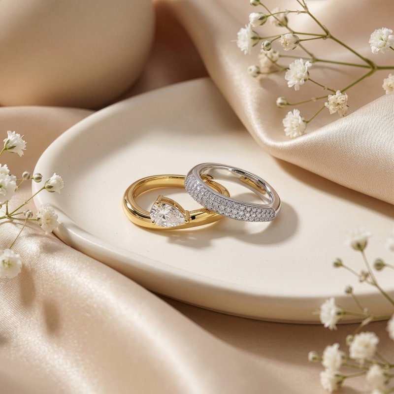 Premium Two Tone Pear Cut CZ Solitaire Ring & Matching Pave Band Ring (AJ-R0001-2T-5)
