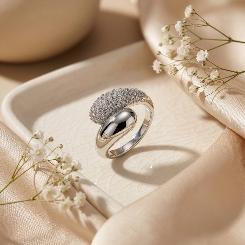 Premium Rhodium Plated Chunky CZ Hybrid Pave Bypass Ring (AJ-R0002-RH-6)
