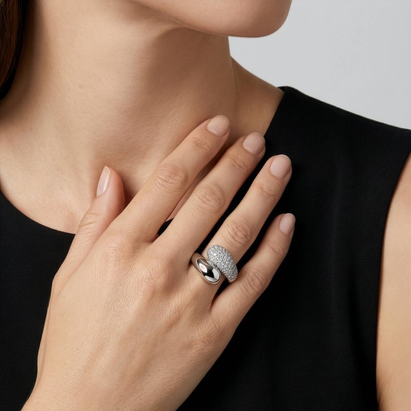 Premium Rhodium Plated Chunky CZ Hybrid Pave Bypass Ring (AJ-R0002-RH-6)