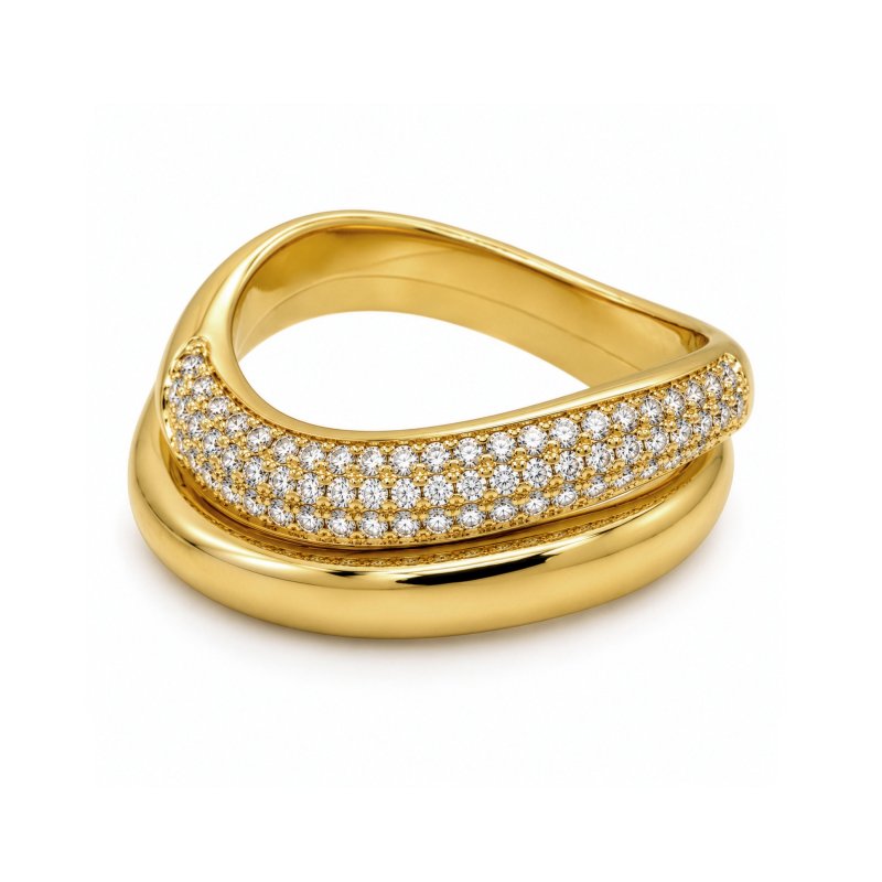 Premium Gold Plated CZ Pave Ring & Matching Plain Wave Ring (AJ-R0003-G-6)