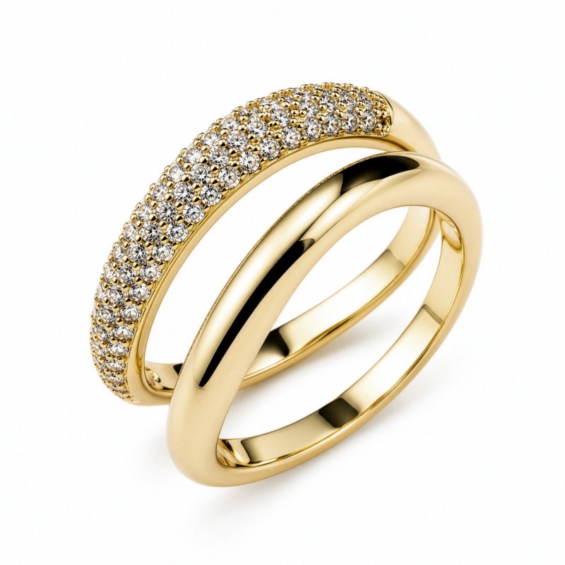Premium Gold Plated CZ Pave Ring & Matching Plain Wave Ring (AJ-R0003-G-6)