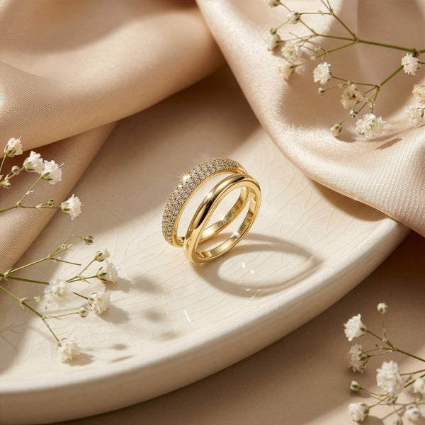 Premium Gold Plated CZ Pave Ring & Matching Plain Wave Ring (AJ-R0003-G-6)