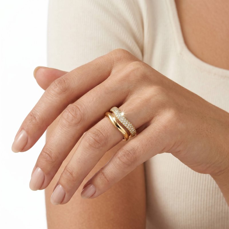 Premium Gold Plated CZ Pave Ring & Matching Plain Wave Ring (AJ-R0003-G-6)