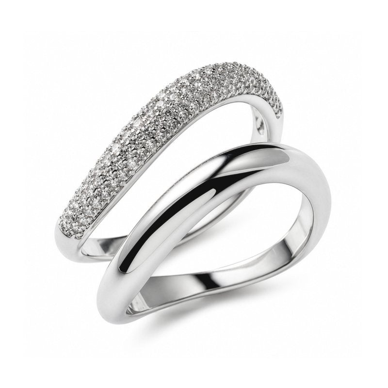 Premium Rhodium Plated CZ Pave Ring & Matching Plain Wave Ring (AJ-R0003-RH-6)