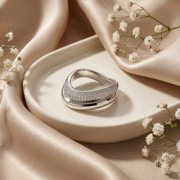 Premium Rhodium Plated CZ Pave Ring & Matching Plain Wave Ring (AJ-R0003-RH-6)