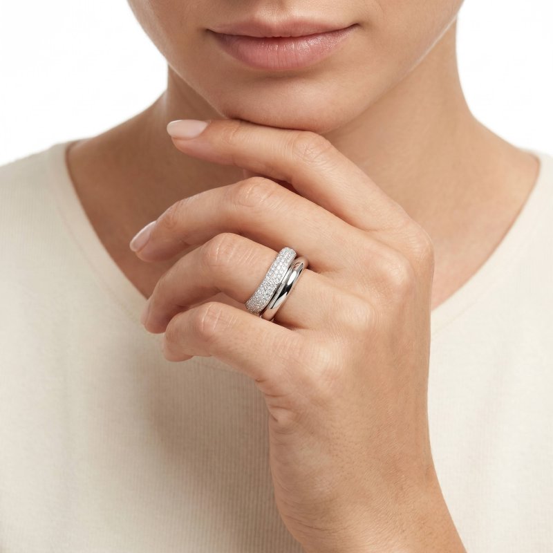 Premium Rhodium Plated CZ Pave Ring & Matching Plain Wave Ring (AJ-R0003-RH-6)