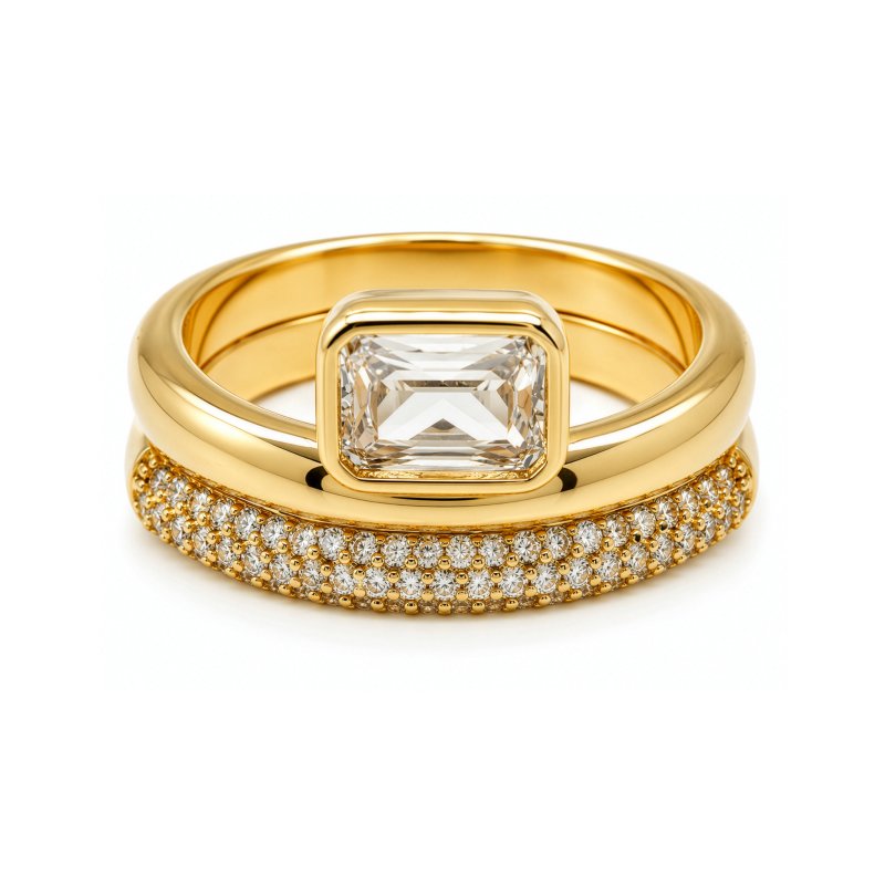 Premium Gold Plated Emerald Cut CZ Bezel Set Solitaire Ring & Matching Pave Band Ring (AJ-R0004-G-6)
