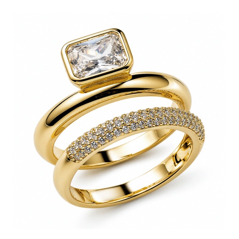 Premium Gold Plated Emerald Cut CZ Bezel Set Solitaire Ring & Matching Pave Band Ring (AJ-R0004-G-6)