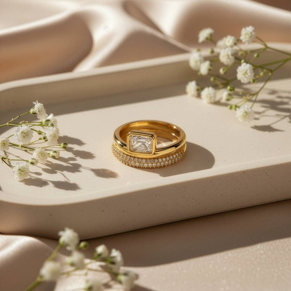 Premium Gold Plated Emerald Cut CZ Bezel Set Solitaire Ring & Matching Pave Band Ring (AJ-R0004-G-6)