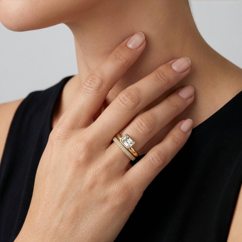 Premium Gold Plated Emerald Cut CZ Bezel Set Solitaire Ring & Matching Pave Band Ring (AJ-R0004-G-6)