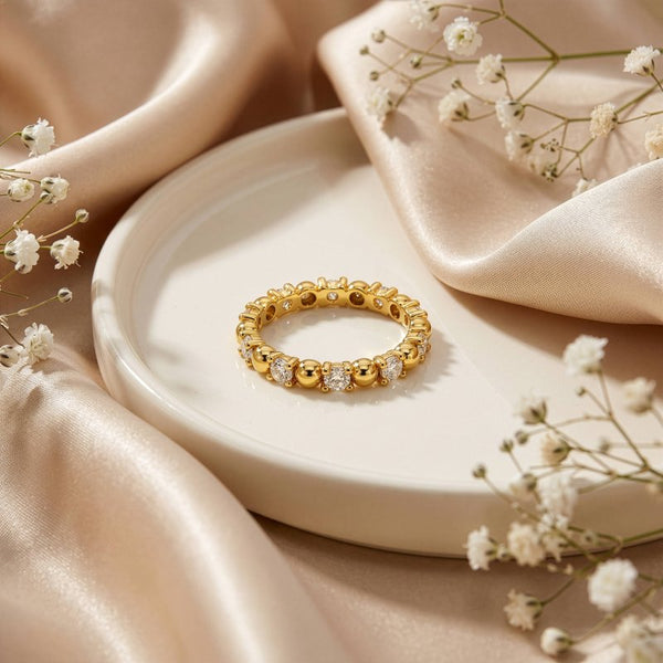 Premium Gold Plated CZ Alternating Bead Band Ring (AJ-R0011-G-5)