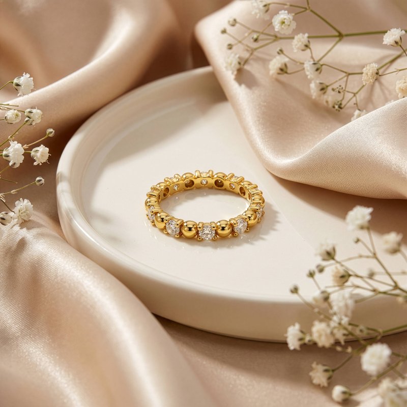 Premium Gold Plated CZ Alternating Bead Band Ring (AJ-R0011-G-5)