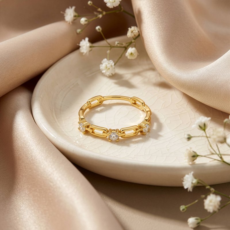 Premium Gold Plated CZ Alternating Bead Band Ring (AJ-R0011-G-5)