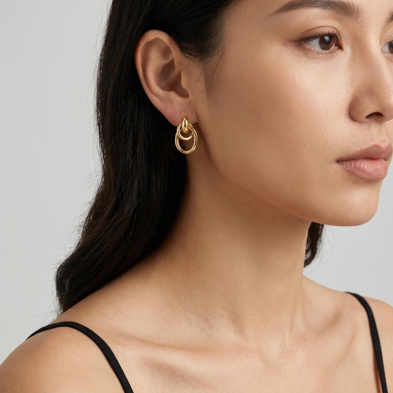 Premium Gold Plated Chunky Interlocking Rings Stud Earrings (AJ-ST0001-G)