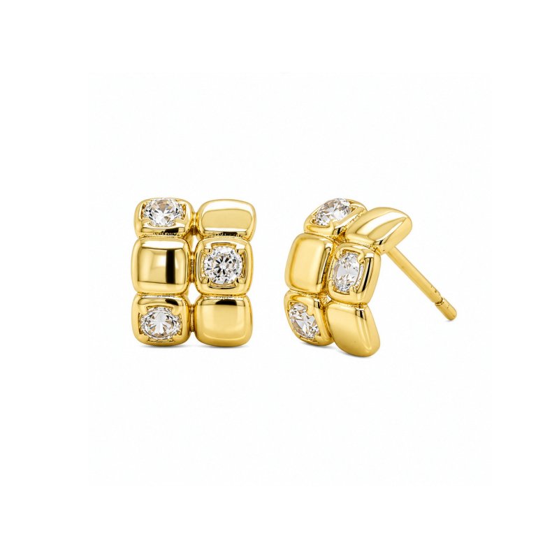 Premium Gold Plated CZ Double Rows Stud Earrings (AJ-ST0003-G)