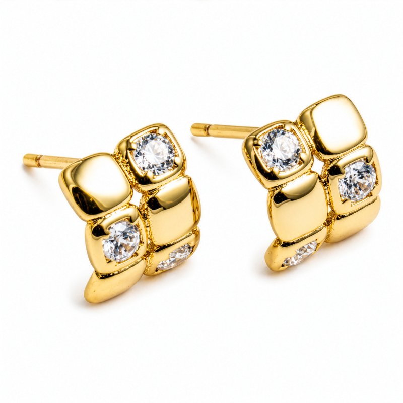 Premium Gold Plated CZ Double Rows Stud Earrings (AJ-ST0003-G)