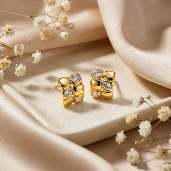 Premium Gold Plated CZ Double Rows Stud Earrings (AJ-ST0003-G)