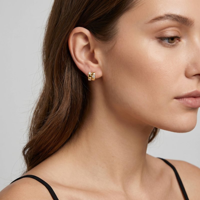 Premium Gold Plated CZ Double Rows Stud Earrings (AJ-ST0003-G)