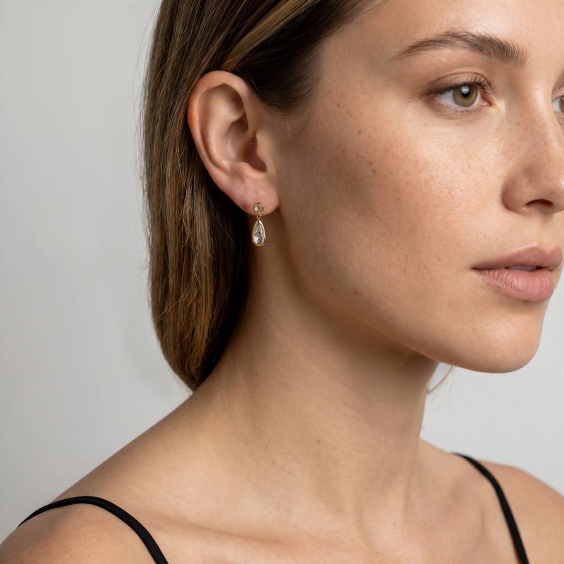 Premium Gold Plated Dangling Rock Crystal Stud Earrings (AJ-ST0004-G)