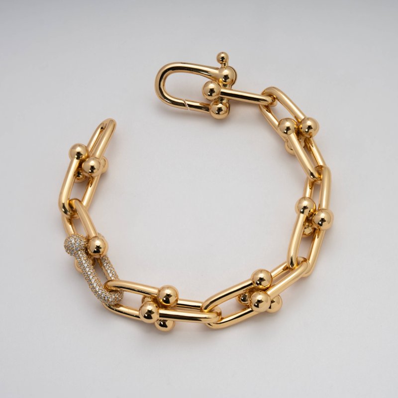 Sterling Silver Gold Vermeil CZ Pave Chunky Link Bracelet (BR-1479-G)